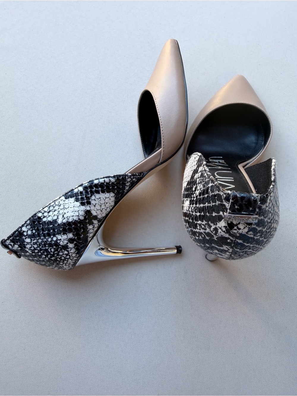 Chrome Heels Calvin Klein Sebrina Pumps Nude Leather Snake Print Stilettos - Picture 6 of 10